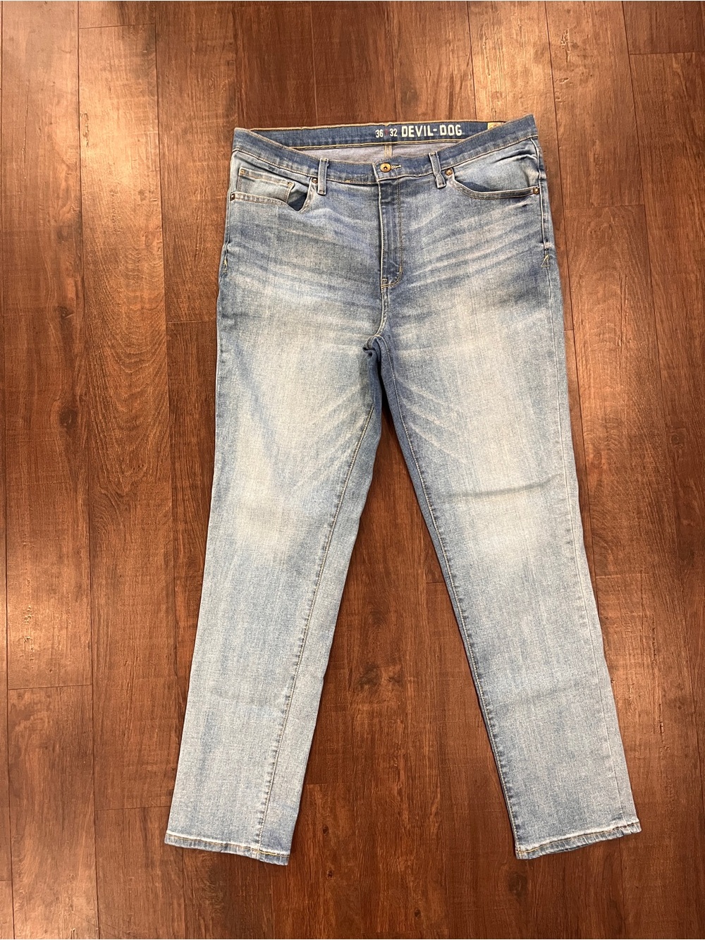 DEVIL-DOG Tapered Straight Leg Jeans Mens 36x32 Sanforized Shrunk Light Wash